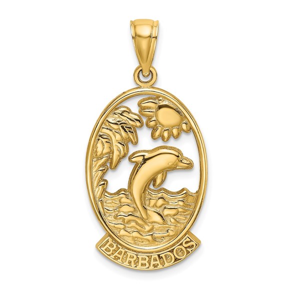 14k Yellow Gold Travel BARBADOS with Dolphin Sunset Scene Necklace Charm Pendant - Picture 1 of 4